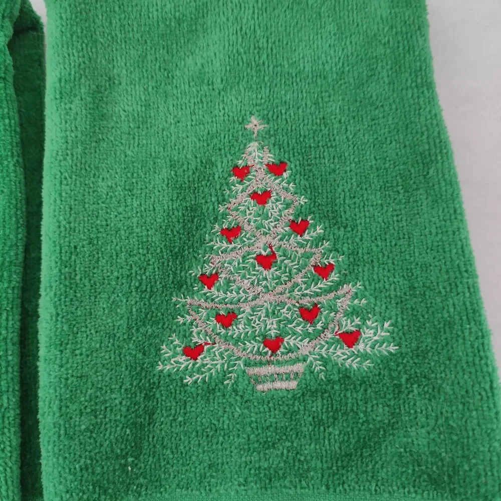 2 Cannon 1 Royal Terry Christmas Tree Wreath Candle Green Embroidered Towels VTG